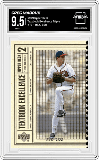 Greg Maddux from the 1999 Upper Deck set featuring a Triple parallel graded by Arena Club and given an overall grade of 9.5.