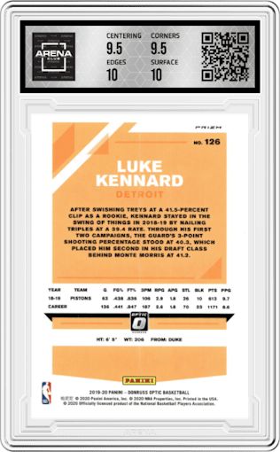 Luke Kennard from the 2019-20 Panini Donruss Optic set featuring a Holo parallel graded by Arena Club and given an overall grade of 10.