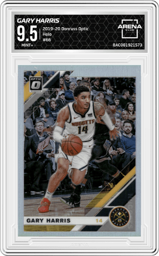 Gary Harris from the 2019-20 Panini Donruss Optic set featuring a Holo parallel graded by Arena Club and given an overall grade of 9.5.