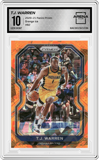 T.J. Warren from the 2020-21 Panini Prizm set featuring a Orange Ice parallel graded by Arena Club and given an overall grade of 10.