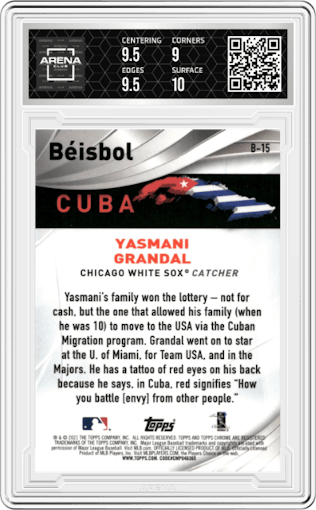 Yasmani Grandal from the 2021 Topps Chrome set graded by Arena Club and given an overall grade of 9.5.