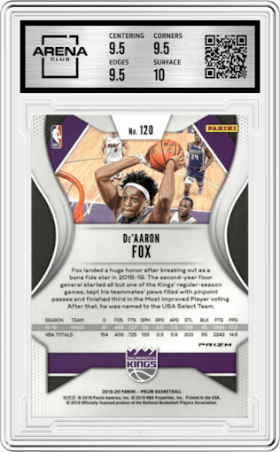 De'Aaron Fox from the 2019-20 Panini Prizm set featuring a Silver Prizm parallel graded by Arena Club and given an overall grade of 10.