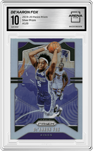 De'Aaron Fox from the 2019-20 Panini Prizm set featuring a Silver Prizm parallel graded by Arena Club and given an overall grade of 10.