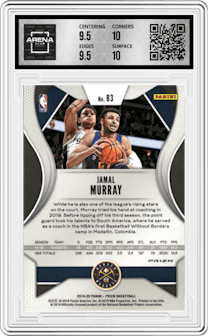 Jamal Murray from the 2019-20 Panini Prizm set featuring a Silver Prizm parallel graded by Arena Club and given an overall grade of 10.