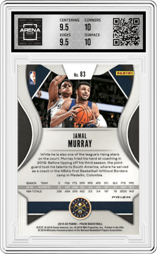 Jamal Murray from the 2019-20 Panini Prizm set featuring a Silver Prizm parallel graded by Arena Club and given an overall grade of 10.