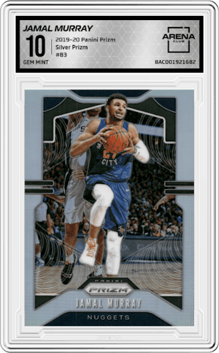 Jamal Murray from the 2019-20 Panini Prizm set featuring a Silver Prizm parallel graded by Arena Club and given an overall grade of 10.