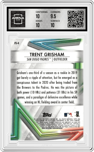 Trent Grisham from the 2021 Topps Chrome set graded by Arena Club and given an overall grade of 10.
