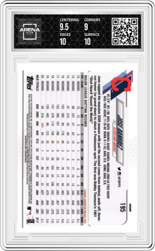 Jose Ramirez from the 2021 Topps Chrome set featuring a Prism Refractor parallel graded by Arena Club and given an overall grade of 9.5.