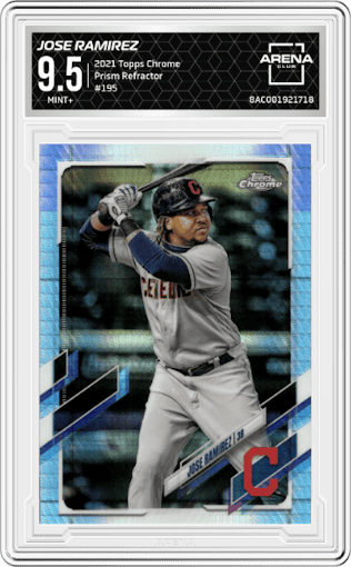 Jose Ramirez from the 2021 Topps Chrome set featuring a Prism Refractor parallel graded by Arena Club and given an overall grade of 9.5.