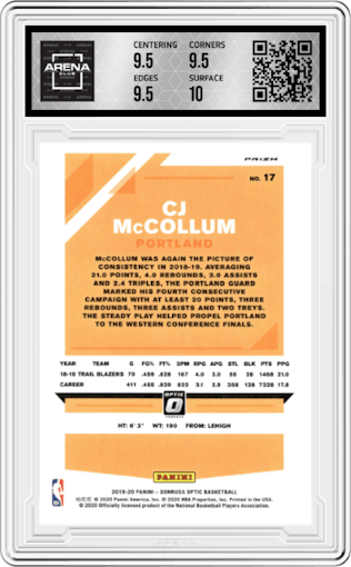 CJ McCollum from the 2019-20 Panini Donruss Optic set featuring a Hyper Pink parallel graded by Arena Club and given an overall grade of 10.