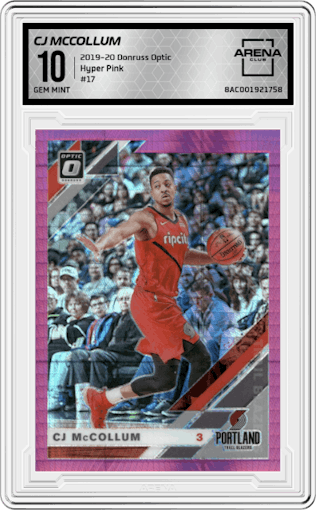 CJ McCollum from the 2019-20 Panini Donruss Optic set featuring a Hyper Pink parallel graded by Arena Club and given an overall grade of 10.