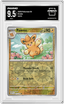 Pawmo from the 2023 Pokemon SV set graded by Arena Club and given an overall grade of 9.5.