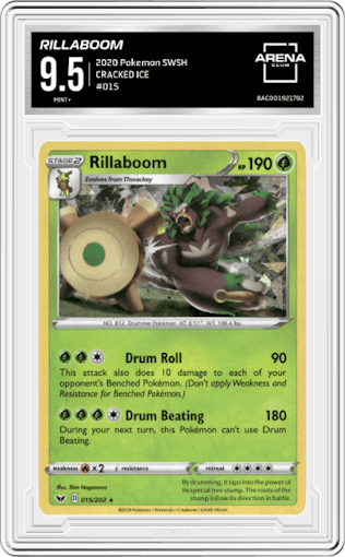 Rillaboom from the 2020 Pokemon SWSH set graded by Arena Club and given an overall grade of 9.5.