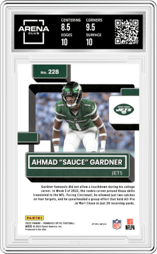 Ahmad "Sauce" Gardner from the 2022 Panini Donruss Optic set featuring a Purple Shock parallel graded by Arena Club and given an overall grade of 9.
