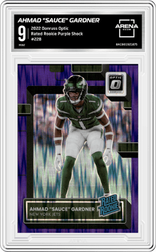 Ahmad "Sauce" Gardner from the 2022 Panini Donruss Optic set featuring a Purple Shock parallel graded by Arena Club and given an overall grade of 9.