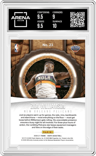 Zion Williamson from the 2020-21 Panini NBA Hoops set featuring a Artist Proof Gold parallel graded by Arena Club and given an overall grade of 9.5.