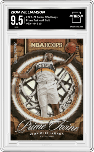 Zion Williamson from the 2020-21 Panini NBA Hoops set featuring a Artist Proof Gold parallel graded by Arena Club and given an overall grade of 9.5.