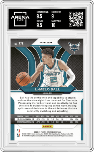 LaMelo Ball from the 2020-21 Panini Prizm set featuring a Green Prizm parallel graded by Arena Club and given an overall grade of 9.5.