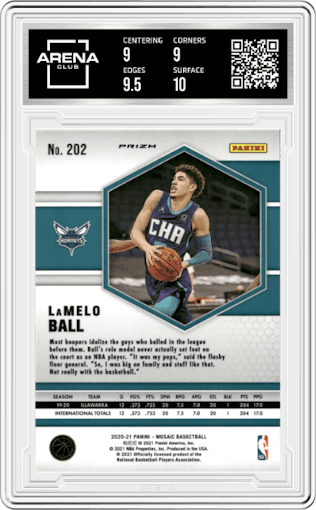 LaMelo Ball from the 2020-21 Panini Mosaic set featuring a Red Wave parallel graded by Arena Club and given an overall grade of 9.5.