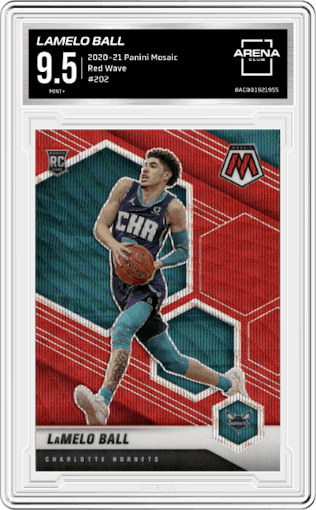 LaMelo Ball from the 2020-21 Panini Mosaic set featuring a Red Wave parallel graded by Arena Club and given an overall grade of 9.5.