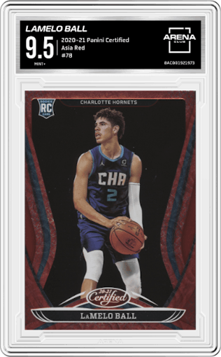 LaMelo Ball from the 2020-21 Panini Certified set featuring a Asia Red parallel graded by Arena Club and given an overall grade of 9.5.