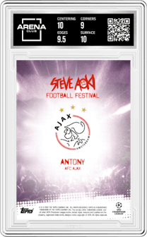 Antony from the 2021-22 Topps Festival by Steve Aoki UEFA Champions League set featuring a Purple parallel graded by Arena Club and given an overall grade of 9.5.