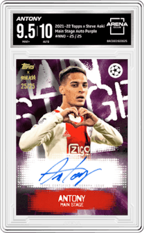 Antony from the 2021-22 Topps Festival by Steve Aoki UEFA Champions League set featuring a Purple parallel graded by Arena Club and given an overall grade of 9.5.