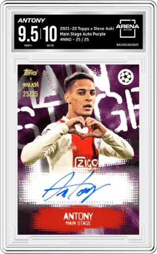 Antony from the 2021-22 Topps Festival by Steve Aoki UEFA Champions League set featuring a Purple parallel graded by Arena Club and given an overall grade of 9.5.