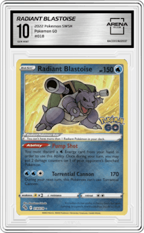 Radiant Blastoise from the 2022 Pokemon SWSH set graded by Arena Club and given an overall grade of 10.