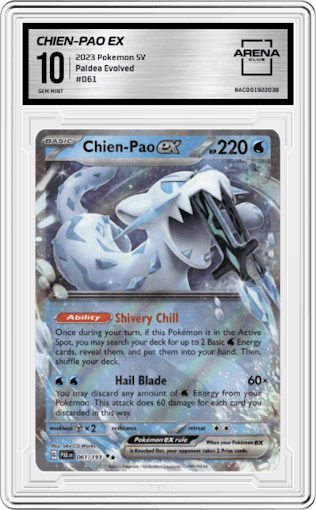 Chien-Pao ex from the 2023 Pokemon SV set graded by Arena Club and given an overall grade of 10.