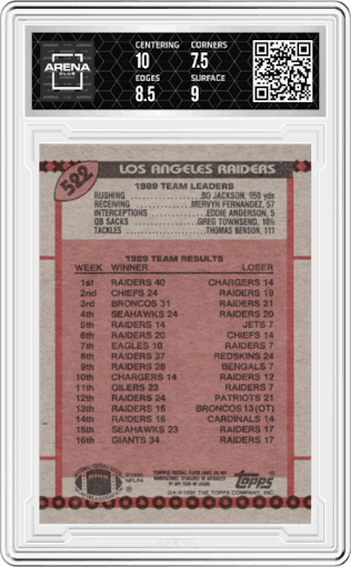 Bo Knows Yardage from the 1990 Topps set graded by Arena Club and given an overall grade of 8.