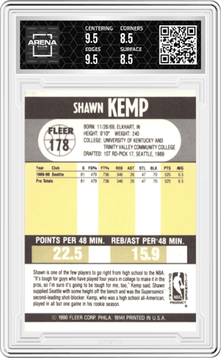 Shawn Kemp from the 1990-91 Fleer set graded by Arena Club and given an overall grade of 9.