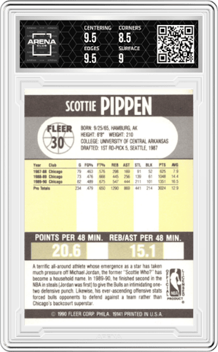 Scottie Pippen from the 1990-91 Fleer set graded by Arena Club and given an overall grade of 9.