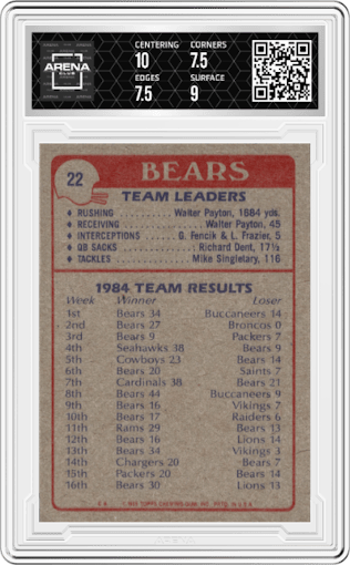 Chicago Bears from the 1985 Topps set graded by Arena Club and given an overall grade of 8.