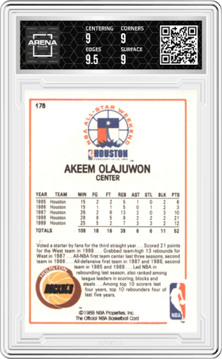 Akeem Olajuwon from the 1989-90 NBA Hoops set graded by Arena Club and given an overall grade of 9.