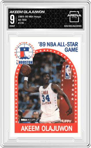 Akeem Olajuwon from the 1989-90 NBA Hoops set graded by Arena Club and given an overall grade of 9.