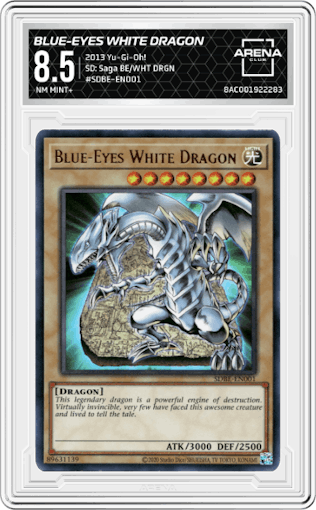 Blue-Eyes White Dragon from the 2013 Yu-Gi-Oh! set graded by Arena Club and given an overall grade of 8.5.