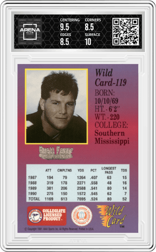 Brett Favre from the 1991 Wild Card Draft set graded by Arena Club and given an overall grade of 9.