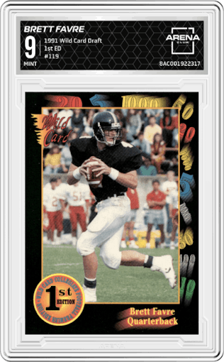 Brett Favre from the 1991 Wild Card Draft set graded by Arena Club and given an overall grade of 9.