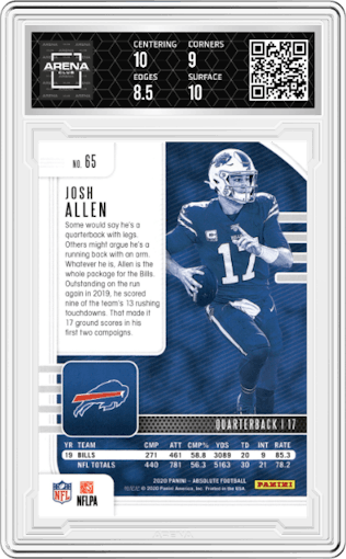 Josh Allen from the 2020 Panini Absolute set graded by Arena Club and given an overall grade of 9.