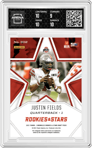 Justin Fields from the 2021 Panini Chronicles Draft Picks set graded by Arena Club and given an overall grade of 9.5.