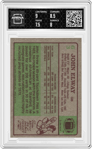 John Elway from the 1984 Topps set graded by Arena Club and given an overall grade of 8.