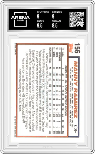 Manny Ramirez from the 1992 Topps set graded by Arena Club and given an overall grade of 9.