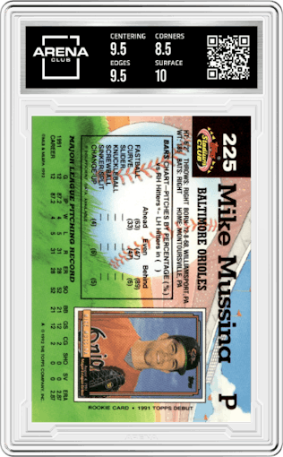 Mike Mussina from the 1992 Topps Stadium Club set graded by Arena Club and given an overall grade of 9.