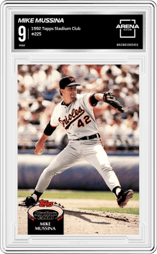 Mike Mussina from the 1992 Topps Stadium Club set graded by Arena Club and given an overall grade of 9.