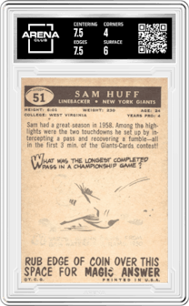 Sam Huff from the 1959 Topps set graded by Arena Club and given an overall grade of 4.5.