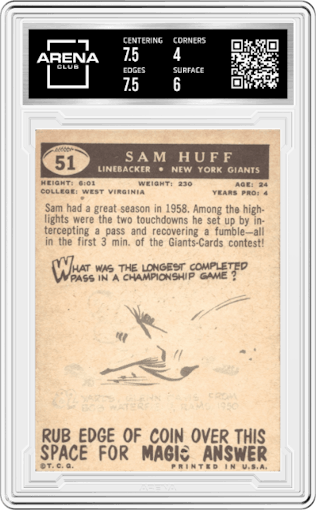 Sam Huff from the 1959 Topps set graded by Arena Club and given an overall grade of 4.5.