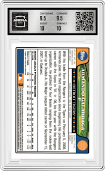 Armando Galarraga from the 2008 Topps Chrome  set graded by Arena Club and given an overall grade of 10.