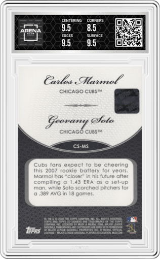 Carlos Marmol/Geovany Soto from the 2008 Topps Co-Signers set graded by Arena Club and given an overall grade of 9.