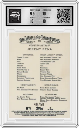 Jeremy Pena from the 2022 Topps Allen & Ginter Chrome set featuring a Gold Refractor  parallel graded by Arena Club and given an overall grade of 10.